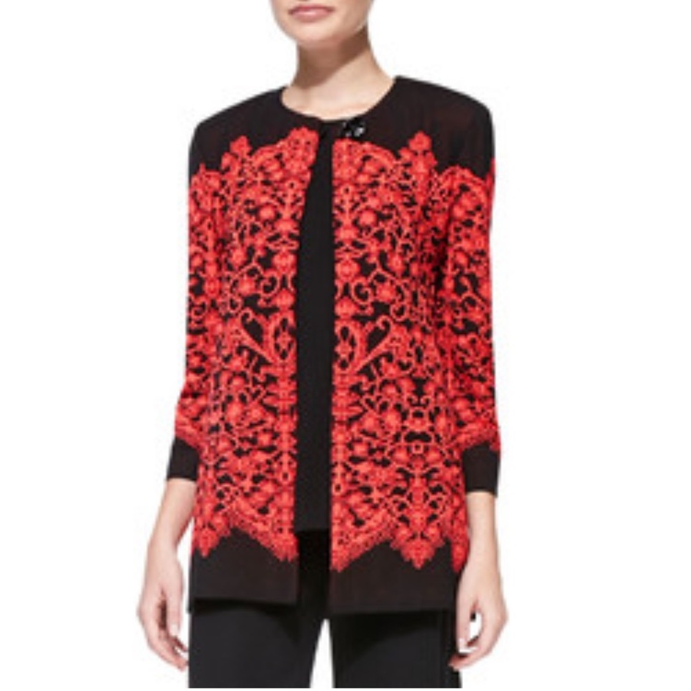 MISOOK Lace Print Long Line Jacket in Onyx & Scarlet Sz M Single Button Closure
